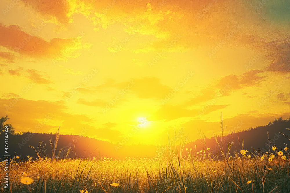 Golden sunset illuminating a meadow of wildflowers
