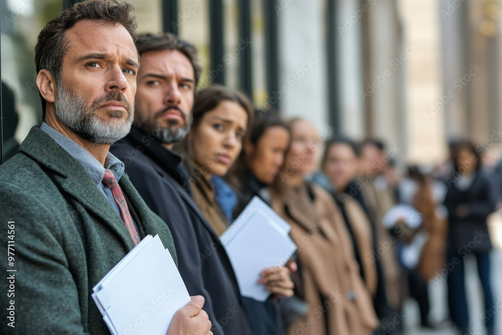 A line of people outside a bankruptcy lawyer’s office, holding documents and looking anxious, representing the personal toll of financial instability and debt A line of people outside a bankruptcy lawyer’s office, holding documents and looking anxious, representing the personal toll of financial instability and debt