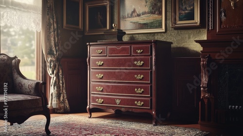 An 18th-century Queen Anne-style highboy dresser with brass handles, showcased in a well-lit room with a traditional rug and vintage paintings hanging on the wall