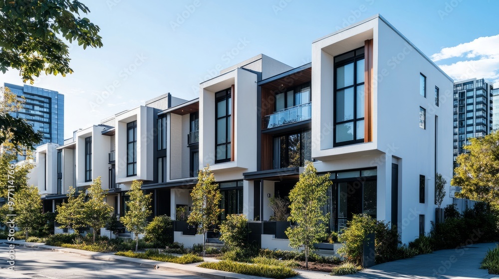 A row of contemporary white townhouses with a focus on architectural symmetry, framed by the surrounding urban cityscape A row of contemporary white townhouses with a focus on architectural symmetry, framed by the surrounding urban cityscape
