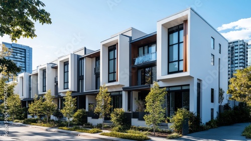 A row of contemporary white townhouses with a focus on architectural symmetry, framed by the surrounding urban cityscape