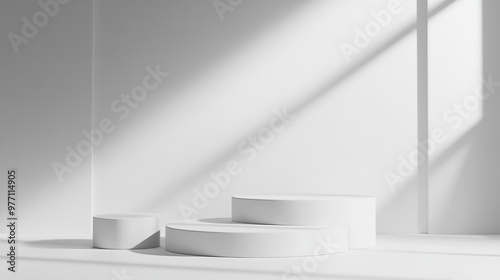 3D Minimalist Podium Scene with White Background. Modern Design and Simplicity in 3D Rendering, Showcase, Stand, Platform Concept.