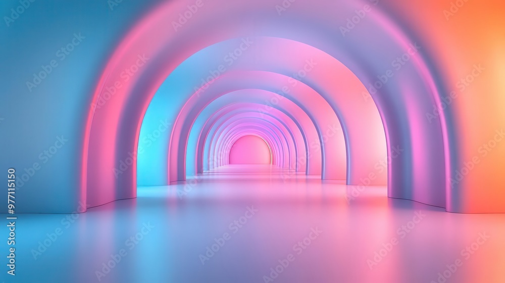 Abstract 3D tunnel with soft pastel hues, front view, creating a calming ambiance, advanced tone, Split-complementary color scheme