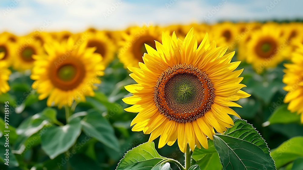 A close-up of a sunflower, its green leaves vibrant against the field. A close-up of a sunflower, its green leaves vibrant against the field.