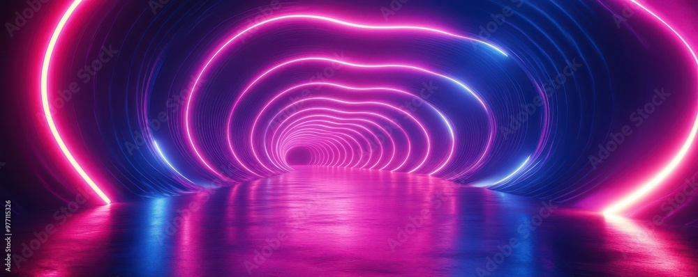 Abstract fluid tunnel with flowing neon waves, front view, embodying futuristic energy, cybernetic tone, Tetradic color scheme Abstract fluid tunnel with flowing neon waves, front view, embodying futuristic energy, cybernetic tone, Tetradic color scheme