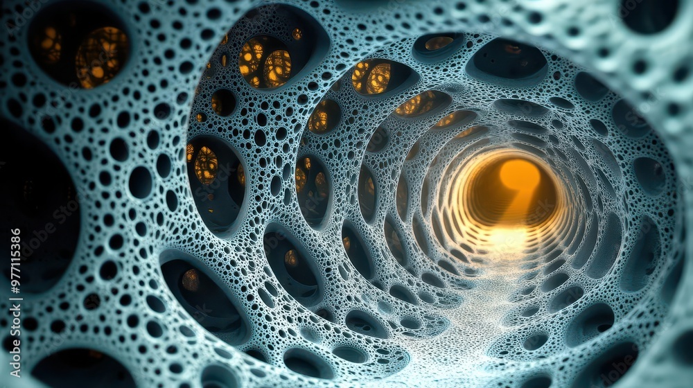 Abstract fractal tunnel with intricate patterns, side view, depicting depth and mystery, futuristic tone, Tetradic color scheme Abstract fractal tunnel with intricate patterns, side view, depicting depth and mystery, futuristic tone, Tetradic color scheme