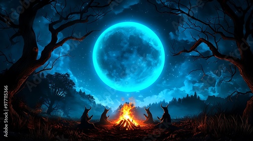 Two horned figures stand silhouetted around a campfire beneath a blue moon.