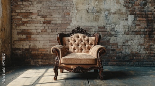 An ornate mahogany armchair with plush upholstery, set against a rustic brick wall