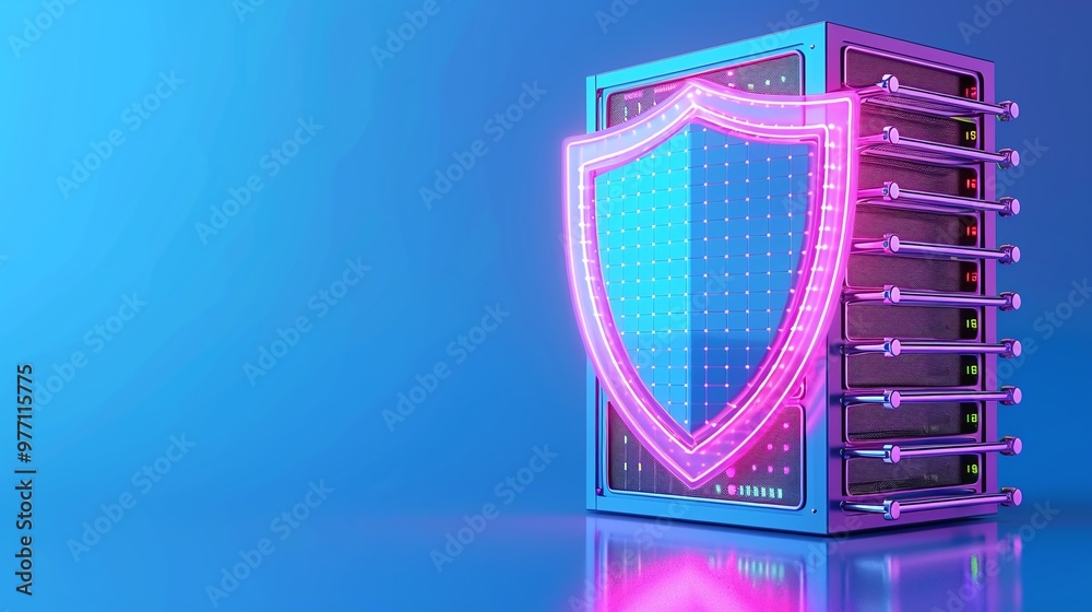 A futuristic data server featuring a glowing shield, symbolizing advanced digital security and protection in technology. A futuristic data server featuring a glowing shield, symbolizing advanced digital security and protection in technology.