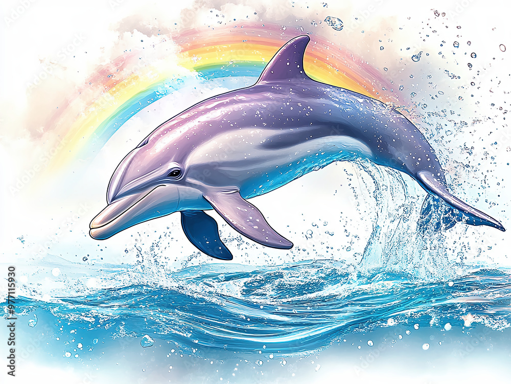Cute Cartoon Dolphin Leaping Out Of The Water, Rainbow Background, Detailed Drawing Style, Resembling A Watercolour Illustration On A White Background.
Cute Cartoon Dolphin Leaping Out Of The Water, Rainbow Background, Detailed Drawing Style, Resembling A Watercolour Illustration On A White Background.
