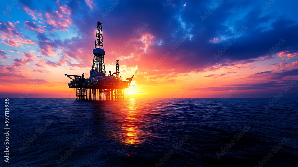 Sunset Oil Rig with Drilling Equipment and Pipeline System Sunset Oil Rig with Drilling Equipment and Pipeline System