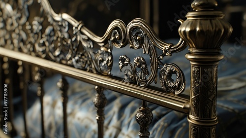 Antique brass bed frame with intricate details,