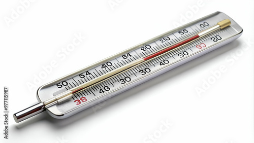 Glass medical thermometer with red mercury column, ideal for measuring body temperature.
Accurate glass thermometer featuring numerical markings and a silver tip,