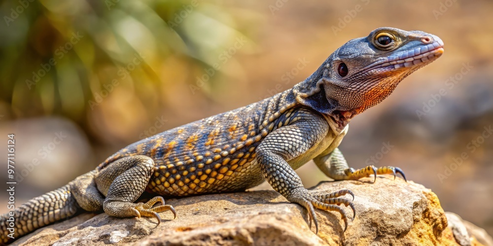 Obraz premium A spiny-tailed lizard sits poised on a rocky outcropping, its remarkable tail a vibrant display of texture and