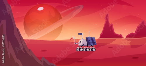 Vector illustration of a red planet with mountains and a robot explorer.