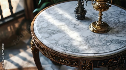 Antique marble-top side table with brass accents,