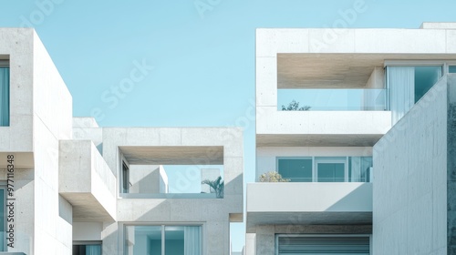 Daylight view of contemporary white townhouses, highlighted by smooth concrete walls and open balconies.