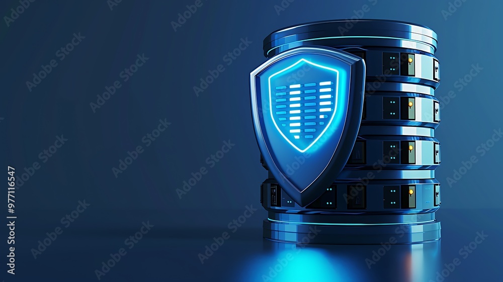 A futuristic data storage unit with a glowing shield, symbolizing advanced security and protection for digital information. A futuristic data storage unit with a glowing shield, symbolizing advanced security and protection for digital information.