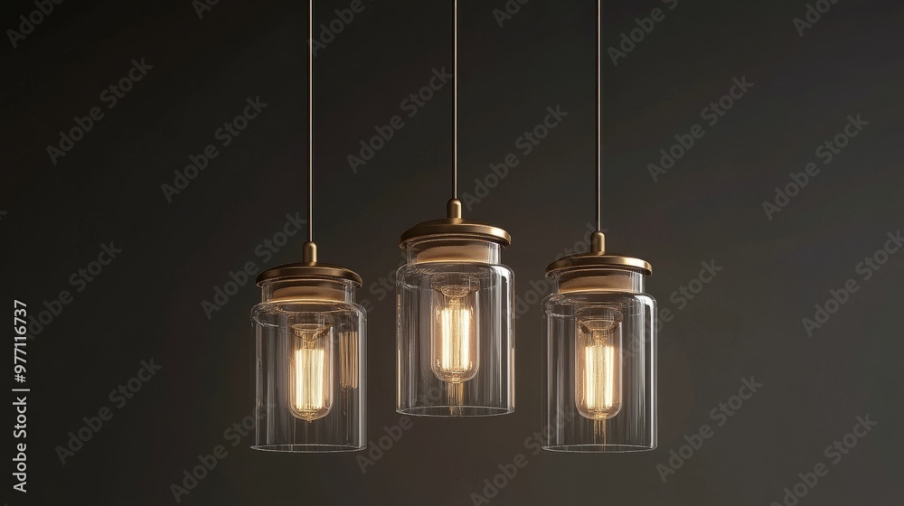 Elegant set of hanging lamps with glass shades and brass details, cut out on a clear background for easy integration Elegant set of hanging lamps with glass shades and brass details, cut out on a clear background for easy integration
