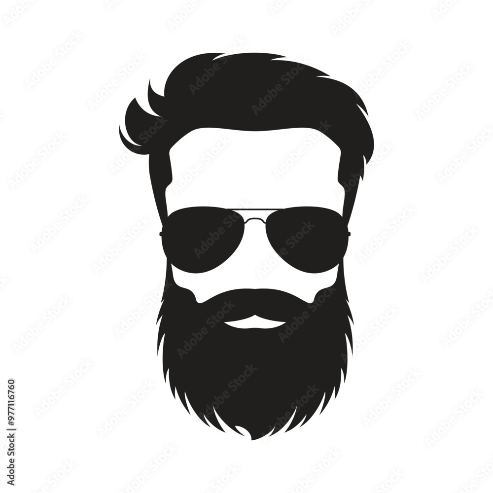 Black silhouette of a man with a beard, expressive hairstyle and drop sunglasses. Black silhouette of a man with a beard, expressive hairstyle and drop sunglasses.
