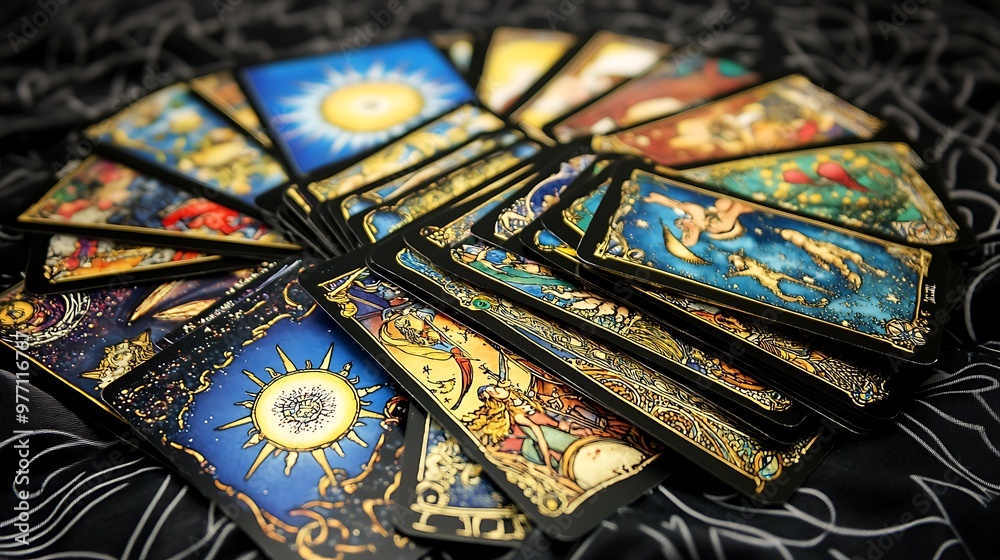 Obraz premium Tarot Cards Pile with Central THE SUN and a Page Out 