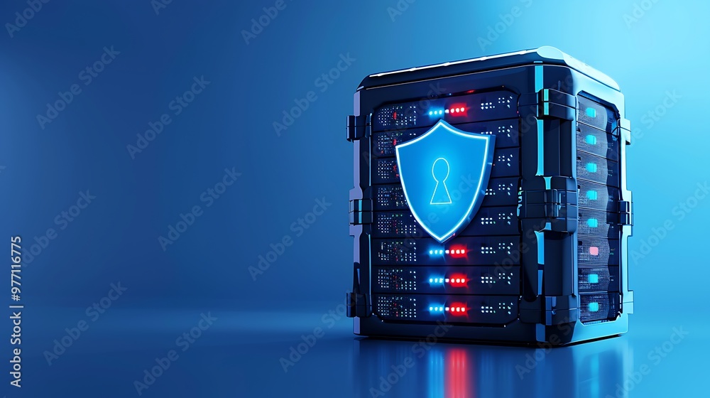 A futuristic digital security vault with a glowing shield icon, symbolizing data protection and cybersecurity innovation.