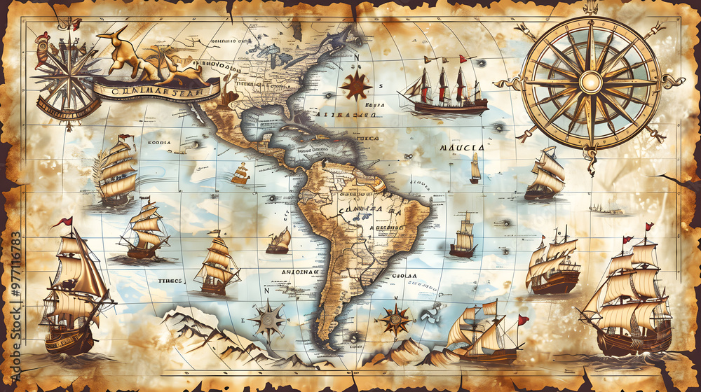 Fototapeta premium Vector illustration of a vintage map of the Caribbean Sea on worn parchment, featuring ships, islands, land, wind rose, and cardinal points, with a fantasy world