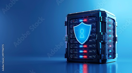 A futuristic digital security vault with a glowing shield icon, symbolizing data protection and cybersecurity innovation. photo