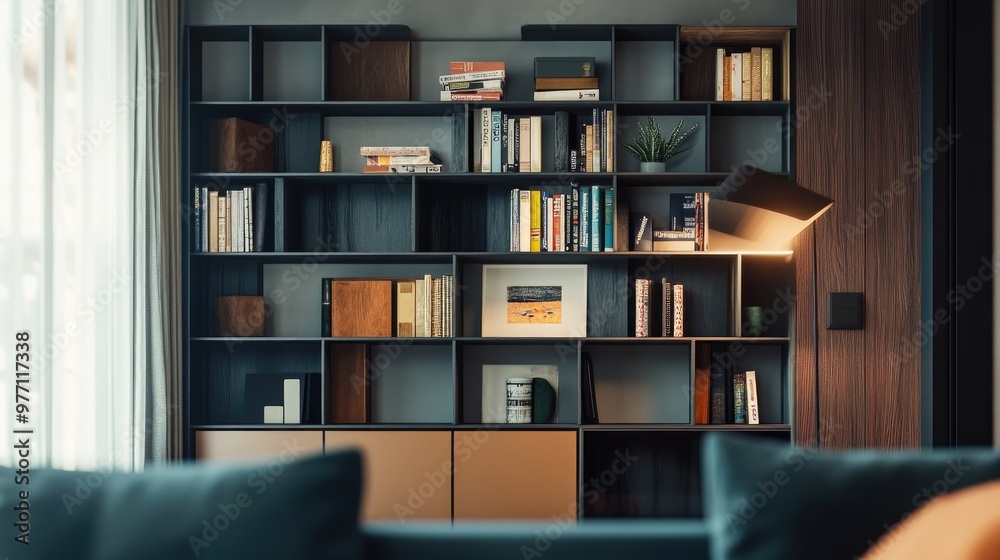 Compact modular shelving system, stylishly mounted on a small apartment wall Compact modular shelving system, stylishly mounted on a small apartment wall