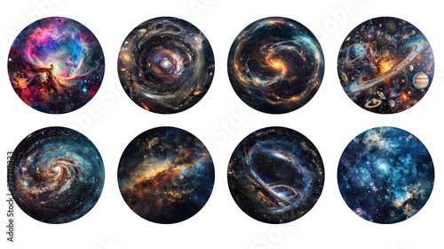 Cosmic galaxy scenes in circular frames, featuring vibrant nebulae and star formations, isolated on transparent background