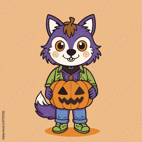 Cute purple werewolf holding Halloween pumpkin bucket against orange background