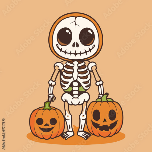 Cute skeleton with pumpkin head holding Halloween bucket against orange background