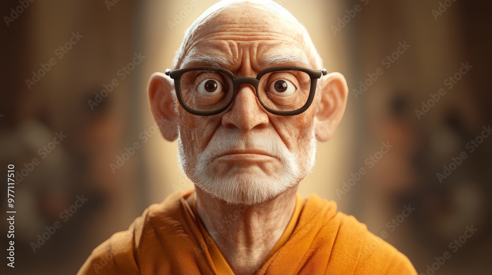 Lifelike 3D cartoon of an elderly man with glasses, dressed in simple spiritual robes, radiating wisdom and peace. Lifelike 3D cartoon of an elderly man with glasses, dressed in simple spiritual robes, radiating wisdom and peace.