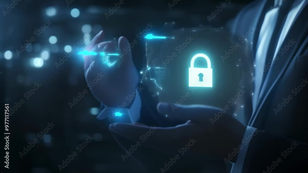 Businessman holding a glowing digital lock symbolizing cybersecurity and data protection. Corporate security in a digital era. Businessman holding a glowing digital lock symbolizing cybersecurity and data protection. Corporate security in a digital era.