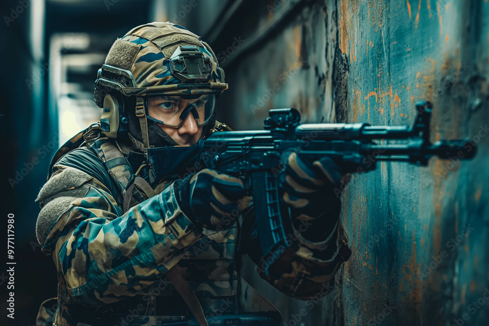 soldier in modern combat gear combat uniform in camouflage colors with large machine gun, protective clothing and helmet, war with modern equipment soldier in modern combat gear combat uniform in camouflage colors with large machine gun, protective clothing and helmet, war with modern equipment