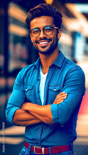 Confident and Stylish Man Smiling in Trendy Jeans Shirt and Glasses