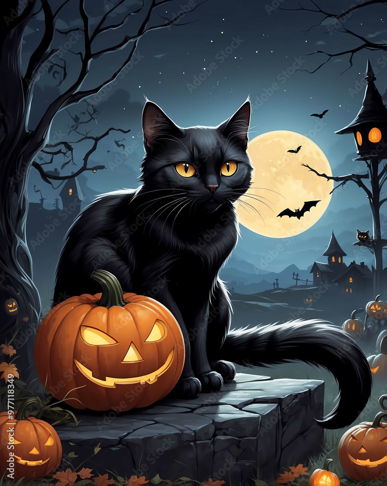 Black cat sitting near jack o lantern