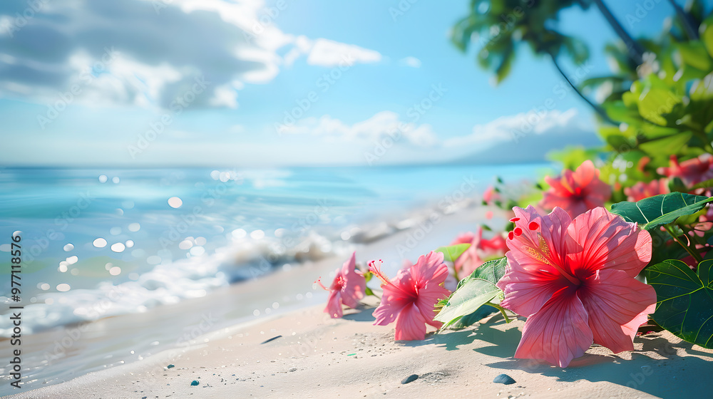 Vibrant Hibiscus Blooms Amidst Sandy Beach Blue Ocean Vibrant Hibiscus Blooms Amidst Sandy Beach Blue Ocean
