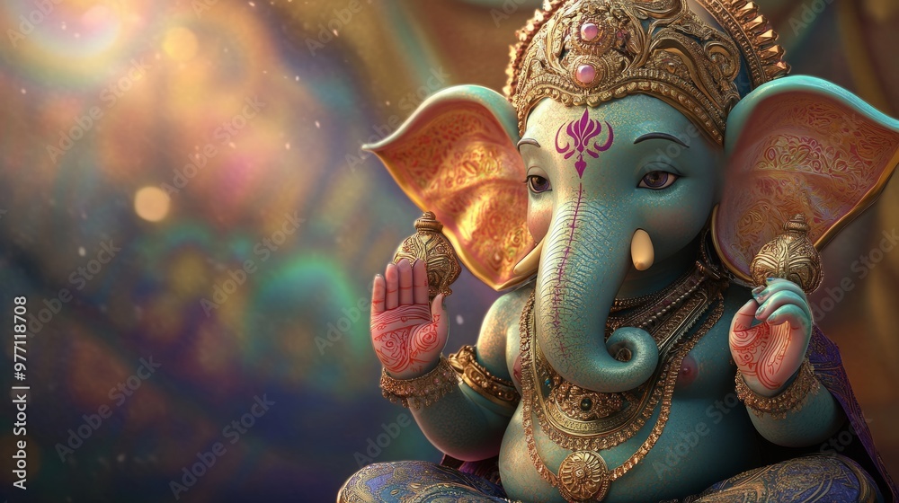 Fototapeta premium Playful 3D Ganesh figure in bright colors, offering blessings with a realistic touch, set against a spiritual backdrop. -