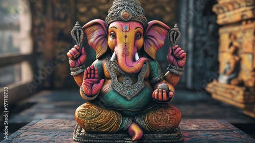 Playful 3D Ganesh figure in bright colors, offering blessings with a realistic touch, set against a spiritual backdrop. -