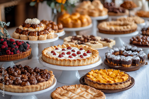 A delightful display of assorted desserts, featuring cakes, pastries, and tarts arranged on elegant stands for a festive event.