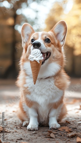 A cheerful corgi enjoying an ice cream cone outdoors.