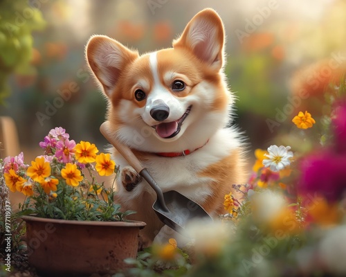 A cheerful corgi in a garden surrounded by colorful flowers.