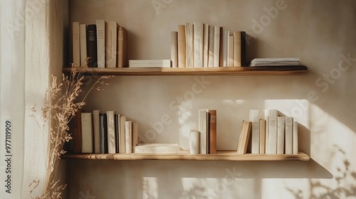 Slim bookshelf with floating shelves mounted against a neutral-colored wall in a tiny apartment