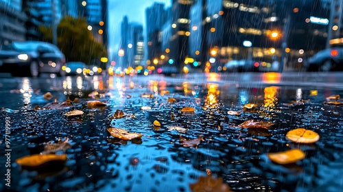 A rainy city night filled with bokeh lights and scattered autumn leaves. photo