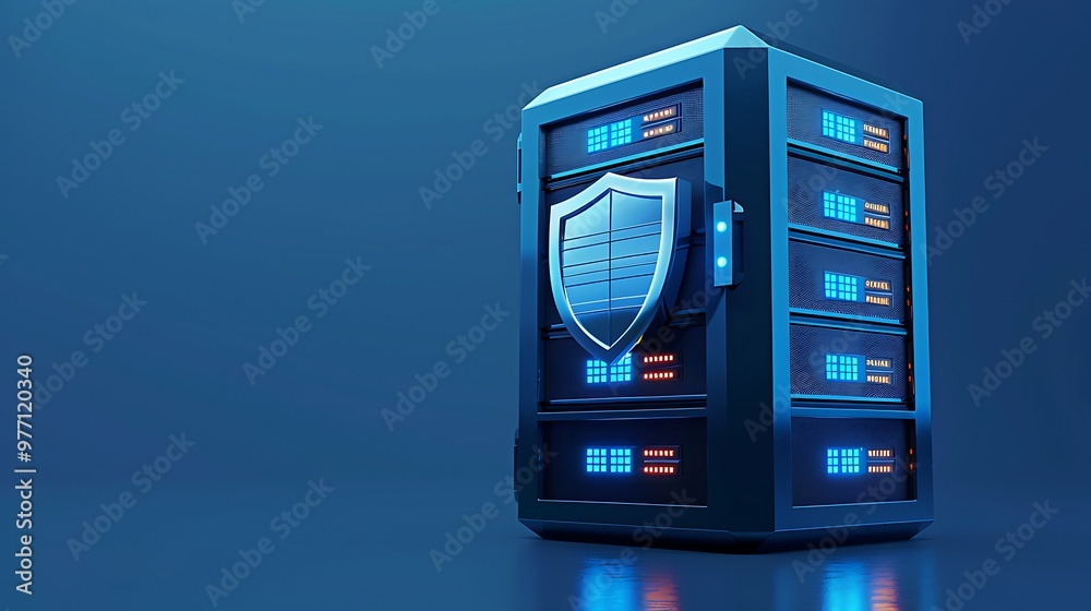 A futuristic server with a protective shield, symbolizing data security and technology advancement in a digital environment. A futuristic server with a protective shield, symbolizing data security and technology advancement in a digital environment.
