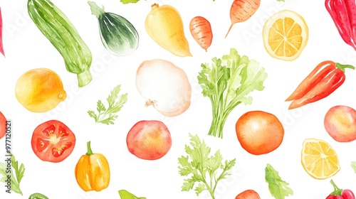 Seamless Pattern of Hand Drawn Watercolor Vegetables Repeatable Design Featuring Healthy Foods Ideal for Vegan Menus Farmers Market or Advertising Backgrounds