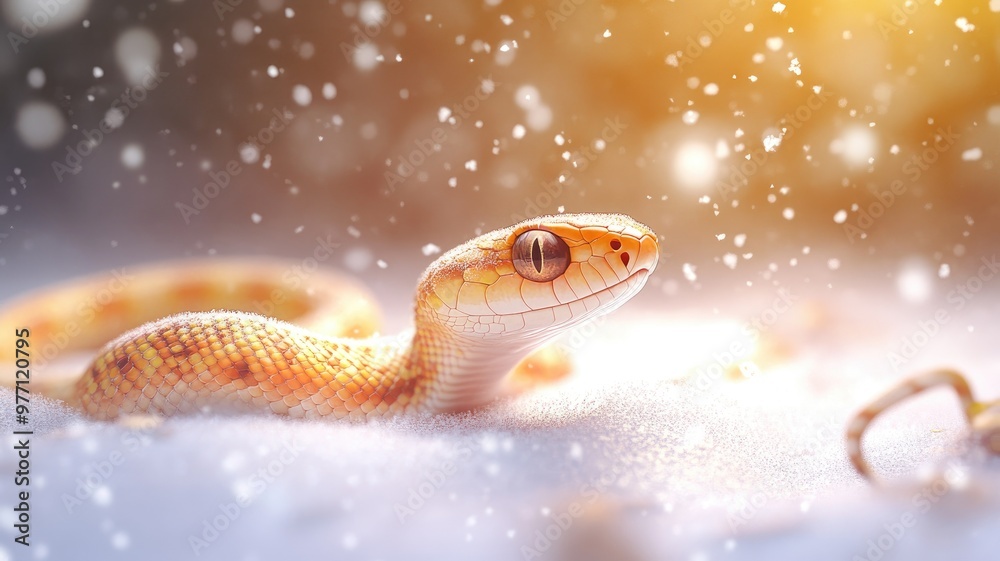 White and orange snake in falling snow, close-up