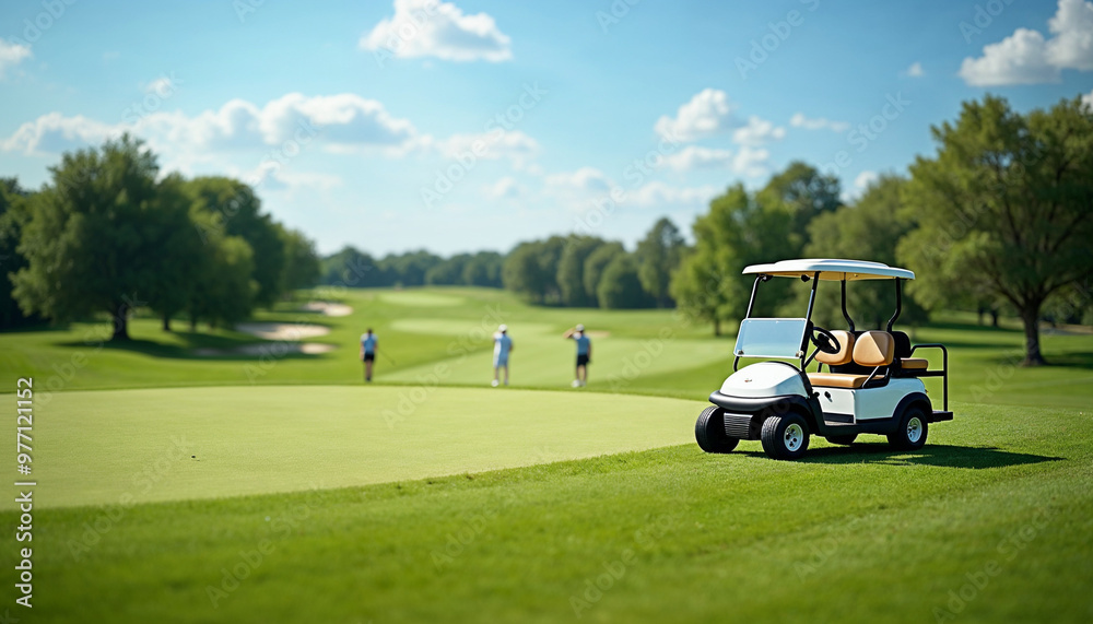 Stylish golf cart on a sunlit course with a panoramic view, golfers in the distance, and space for text.
Stylish golf cart on a sunlit course with a panoramic view, golfers in the distance, and space for text.