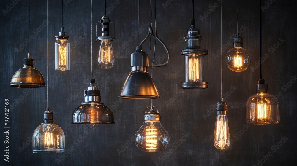 Obraz premium Variety of industrial-style hanging lamps with exposed bulbs and metallic details, ready for use in creative design projects